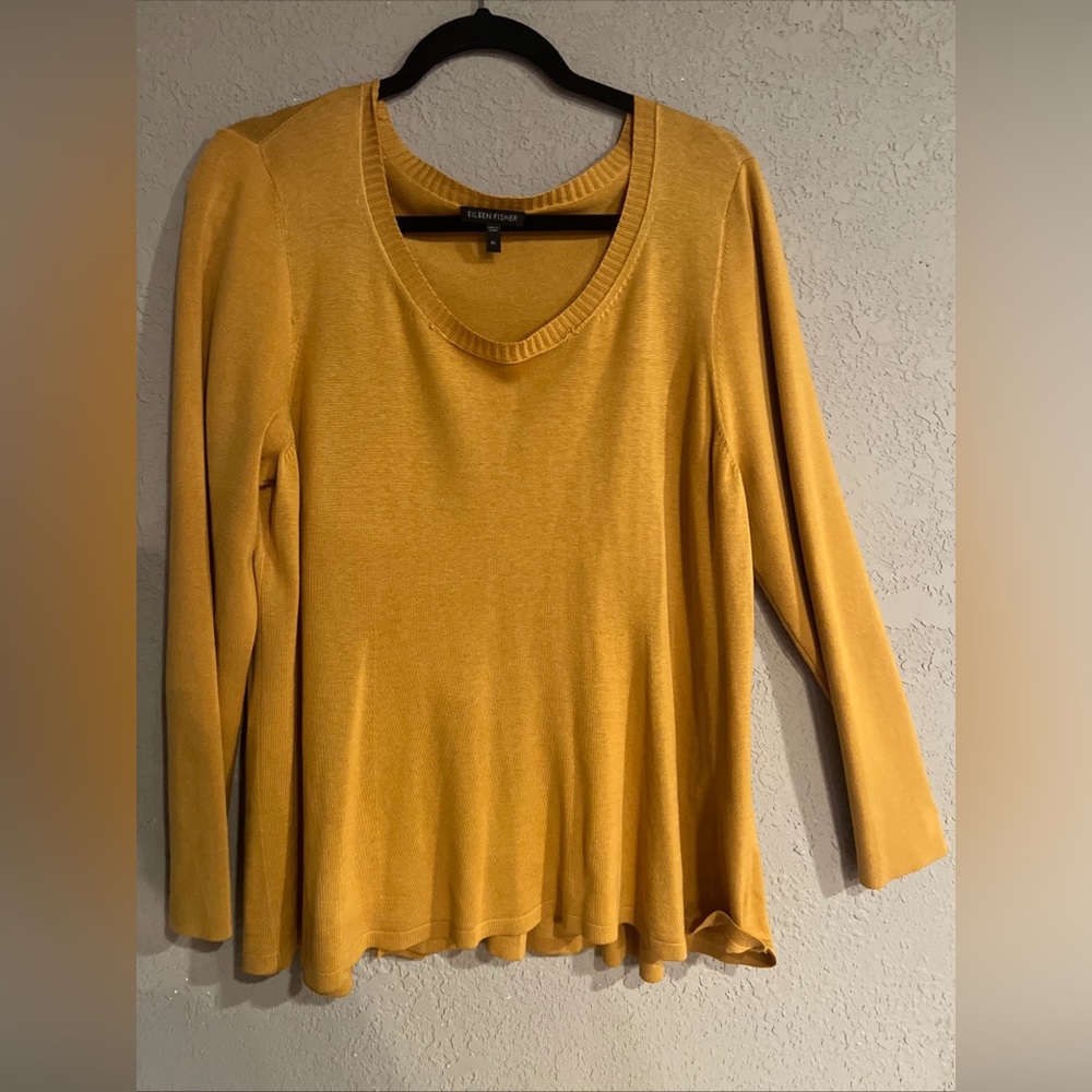 Eileen Fisher Mustard Yellow XL Silk Blend Sweater Top Scoop Neck Back Pleat